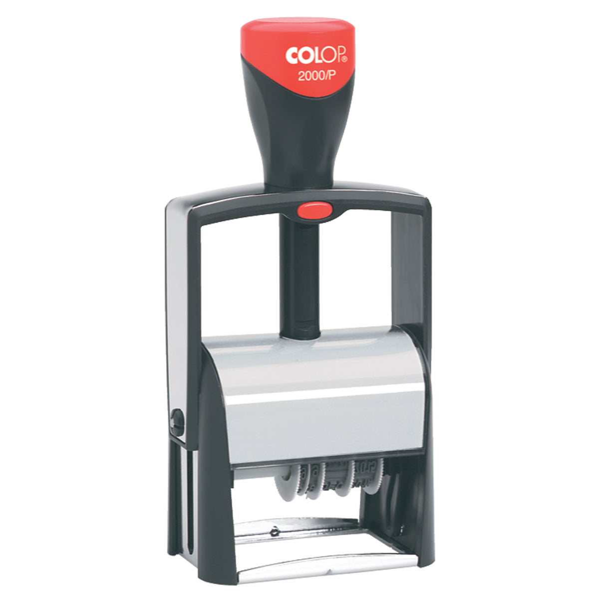 A COLOP 2000P self-inking stamp with a black and silver metal body and a red handle grip, shown on a plain white background.