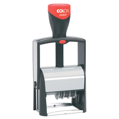 A COLOP 2000P self-inking stamp with a black and silver metal body and a red handle grip, shown on a plain white background.