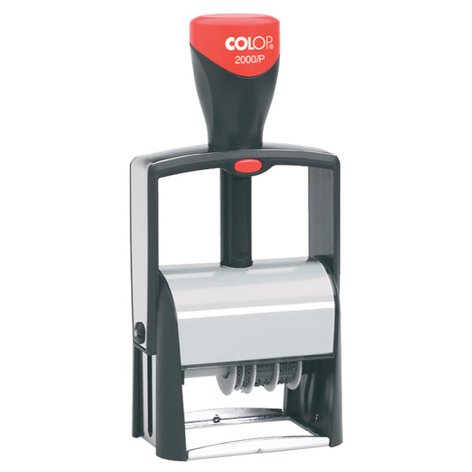 A COLOP 2000P self-inking stamp with a black and silver metal body and a red handle grip, shown on a plain white background.